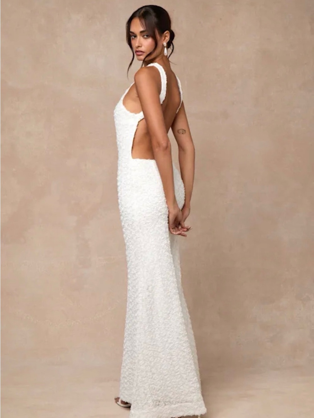 Lulu's Ivory Backless Textured Maxi Dress